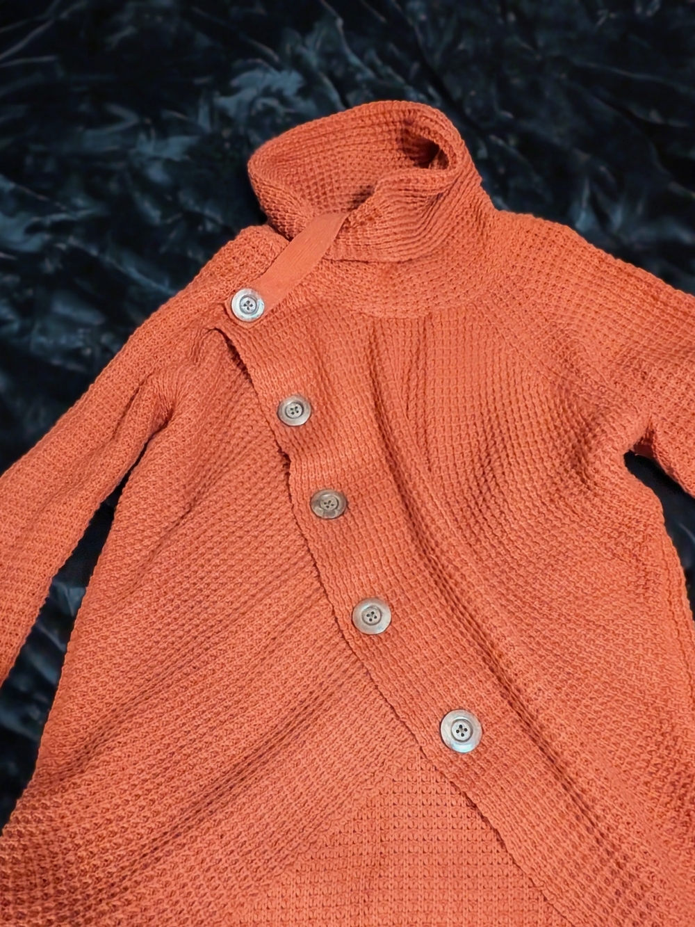 Asymmetrical Button Waffle-Knit Cardigan — Orange